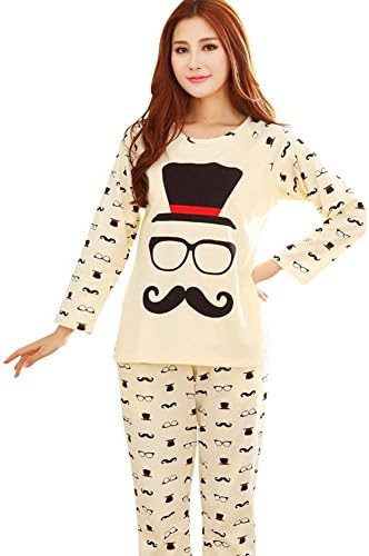 Tinswear Womens Long Sleeve Mustache Couples Matching Pajama M Beige