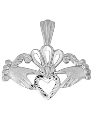 14k White Gold Irish Claddagh Pendant with Diamond-Cut Heart