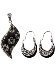 Black Hue Pendant and Earrings Set with Marcasite - Sterling Silver