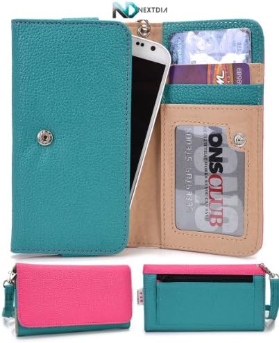 Aqua Green and Magenta smart phone case and Wallet in one! Fits Pantech Vega R3 IM-A850L Stylish Wristlet and Clutch holds phone and cards!+ NextDia Complimentary Cable Wrap