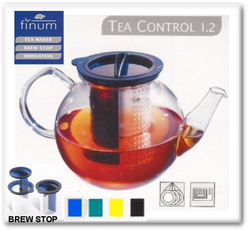 Finum Glass Tea Kettle with Brewstop Control and Infuser (Green Brew Stop)