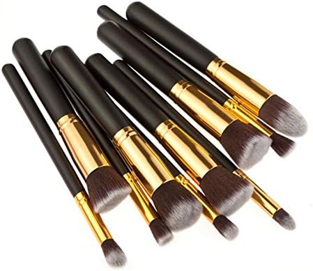 Claudia (TM) Cosmetics Foundation Blending Blush Eyeliner Face Powder Brush Makeup Brush Kit (10pcs, Golden Black)