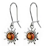 Certified Genuine Baltic Honey Amber and Sterling Silver Very Small Flaming Sun Earrings