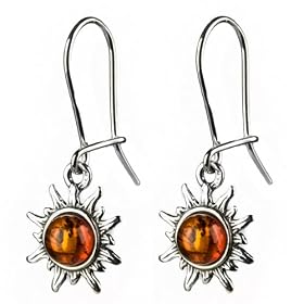 Certified Genuine Baltic Honey Amber and Sterling Silver Very Small Flaming Sun Earrings