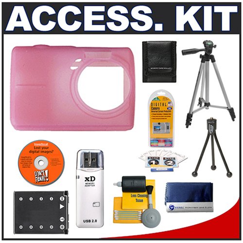 Olympus Pink Silicone Skin for FE 190 Digital Camera + Spare Li 42B Battery + xD Picture Card Reader + Compact Travel Tripod + Cameta Bonus Accessory Kit