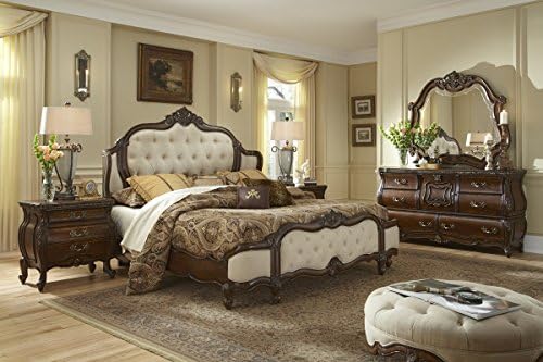 Lavelle Melange Wing Upholstered Bed-Nightstand-Dresser-Mirror-Chest Bedroom Set by Aico Amini (Cal King 5 PC Set)