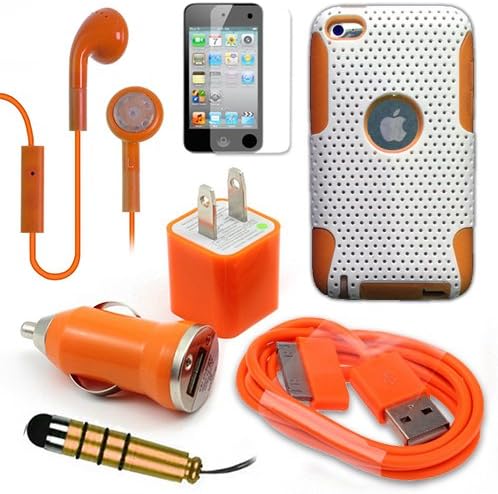 Apple iPod Touch iTouch 4/4th Gen Orange Rugged Net Case, USB Car Charger Plug, USB Home Charger Plug, USB 2.0 Data Cable, Metallic Stylus Pen, Stereo Headset & Screen Protector (7 Items) Retail Value: $89.95