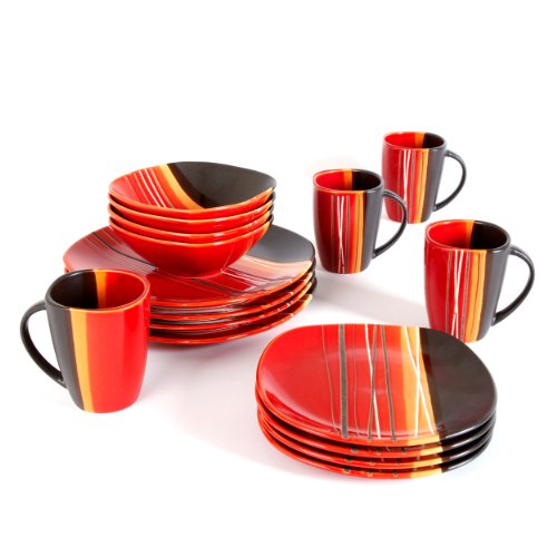 Home Trends 61590 16rm Bazaar Red 16 Piece Square Dinnerware Set Red Black eBay