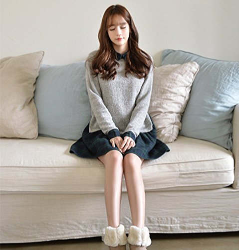 Spargel 重ね着風 ドッキング ニット ワンピース チュニック 可愛い レディース S M L XL 灰 緑 格子 ガーリー 女の子 通学 ナチュラル 長袖 トラッド カジュアル ふんわり 襟付き 秋 冬 綿