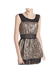 Chiffon/Faux-Leather Leopard Print Sleeveless Mini Dress 