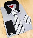 Jean Paul Silver Grey/Black Dress Shirt/Tie/Hanky Set