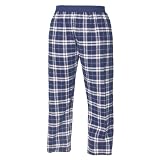 Navy Blue and Silver (White) tartan plaid check flannel cotton pants for lounging, sleep, sports. Unisex relaxed fit, available in 5 Adult sizes, exposed elastic waist