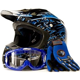 Adult Motocross Helmet Gloves & Goggles ATV Dirt Bike Motorcycle Blue, Large