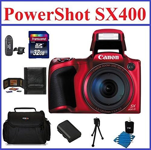 Canon PowerShot SX400 IS Digital Camera (Red) Bundle with 32GB SDHC Memory Card, Card Reader, Small Camera Bag, Spare Battery, Memory Card Wallet, Mini Tripod & Lens Cleaning Kit