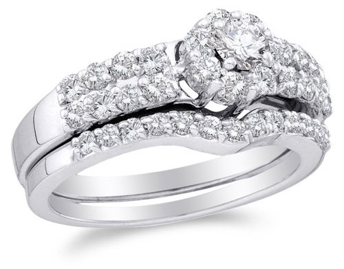 14K White Gold Large Diamond Ladies Bridal Engagement Ring with Matching Curved Notched Wedding Band Two 2 Ring Set - Halo Solitaire Setting w/ Channel Set Round Diamonds - (1.13 cttw, G - H Color, SI2 Clarity)