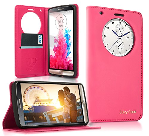LG G3 Case, Quick Circle Case , ALL IN ONE!, Works With Magnetic Car Mount, Flip Cover, Magnetic Wallet , Smart view, Hands-free Display Stand by Juicy Case® (Pink)