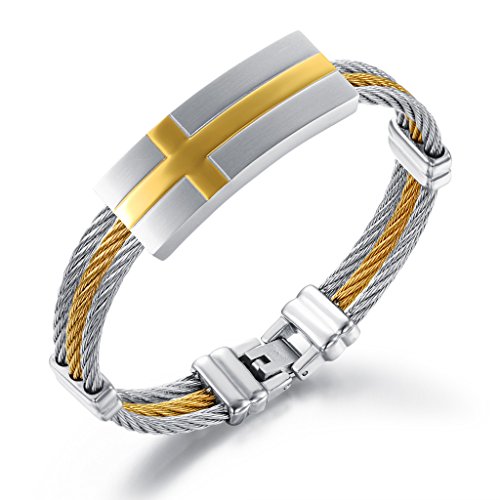 TRUSUPER Jewelry 2-Tone Mens Stainless Steel 24k Gold Plated Cross Bangle Bracelet