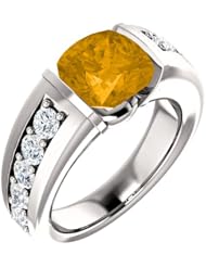 18K White Gold 8.00x8.00mm Antique Cushion Cut Citrine and Diamond Ring -- LIFETIME WARRANTY