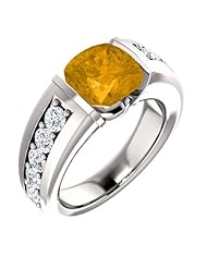 Platinum 8.00x8.00mm Antique Cushion Cut Citrine and Diamond Ring -- LIFETIME WARRANTY