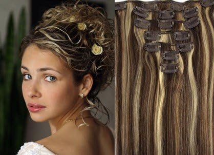 20" Clips In Remy Human Hair Extension Attach Straight 4/613 Dark Chestnut Brown& Blond MIx