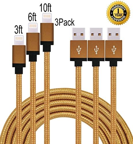 IFaxnn 3pcs 3FT 6FT 10FT Lightning Cable Popular Nylon Braided Extra Long USB Cord Charging Cable for iphone 6s, 6s plus,iPhone SE, 6plus, 6,5s 5c 5,iPad Mini, Air,iPad5,iPod on iOS9.(coffee).