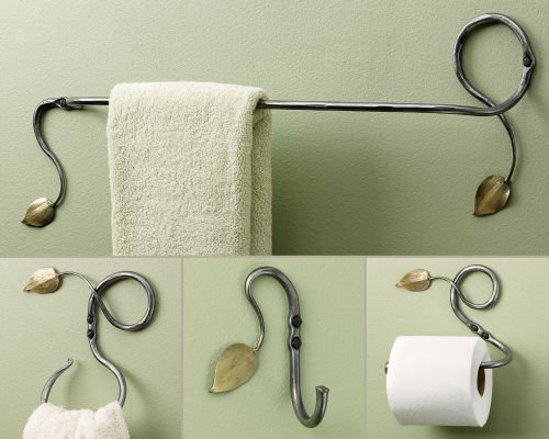 Gaiam Hand-Forged Steel Leaf Bathroom Accessories Kit (Set of 4) Towel Bar, Hook, Ring, Tissue Holder (Handmade)