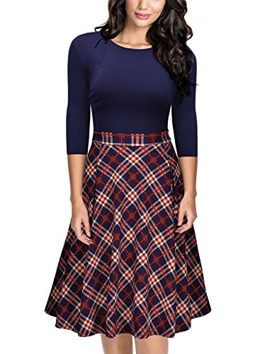 Missmay Women's Vintage Retro Plaid Patchwork A-line Cocktail Party Dress Navy Blue X-Large