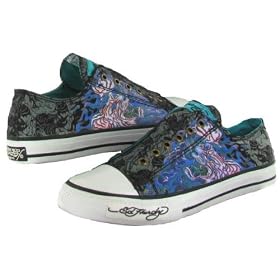 ED HARDY Christian Audigier Mens Lowrise Canvas Flaming Tiger Tattoo Shoes Sneakers Black