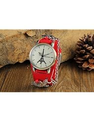 Youyoupifa Unisex Simple Digital Eiffel Tower Alloy Dial with Red Leather Strap Quartz Watch
