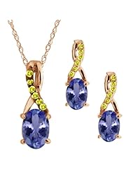 1.46 Ct Oval Blue Tanzanite Gold Plated Silver Pendant Earrings Set