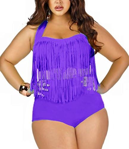 Pandolah Plus Size High Waist Padded Two-Piece Tassel Swimsuits for Women