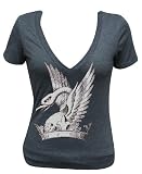 Junior's Annex Clothing Goose Crown Victorian Art Design Print V-Neck T-Shirt Top Heather Charcoal Gray