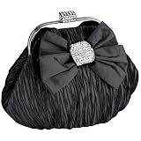 Satin Bow Pleated Rhinestones Brooch & Clasp Frame Baguette Clutch Evening Bag Handbag Purse w/2 Hidden Chains