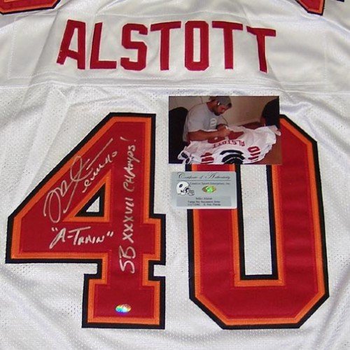 Mike Alstott Autographed/Hand Signed Tampa Bay Buccaneers White Reebok Jersey with A-Train/SB Champ