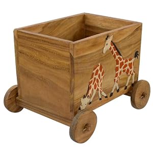Carved and Painted Giraffe Acacia Wood Storage Toy Box With Wheels