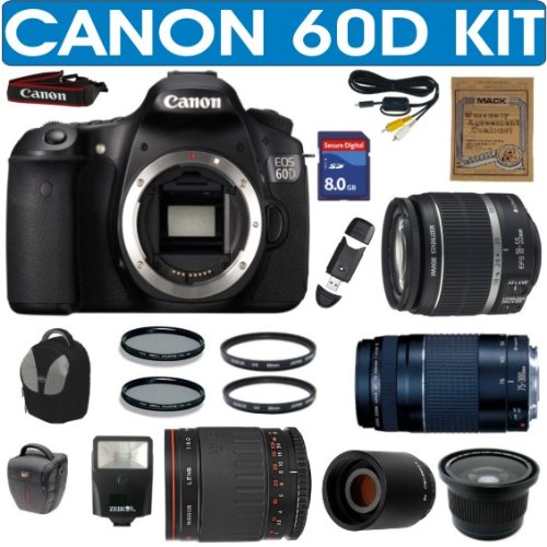 BRAND NEW CANON EOS 60D (IMPORT) + CANON 18-55mm IS LENS + CANON 75-300mm ZOOM LENS + VIVITAR 500mm MIRROR LENS + 2X TELECONVERTER LENS + .40X SUPER WIDE ANGLE FISHEYE LENS + 8GB HIGH SPEED MEMORY CARD CLASS 10 + MACK 3 YEAR WORLDWIDE WARRANTY