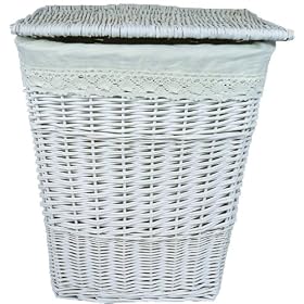 Large Pure White Lidded Wicker Linen Bin w/ Textile Liner