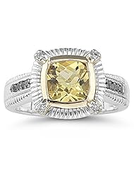 0.12 Ct Diamond & 1.23 Cts Yellow Beryl Ring in 14K Gold & Silver