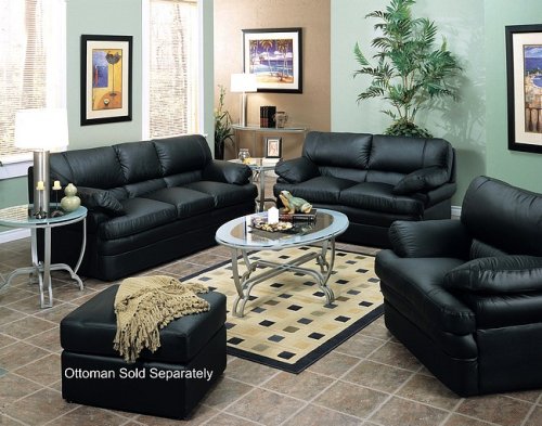 3pc Ocean Avenue Black Italian Leather Chair, Loveseat & Sofa Set