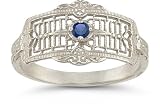 Vintage Filigree Sapphire Ring in 14K White Gold