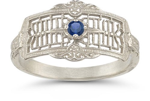 Vintage Filigree Sapphire Ring in 14K White Gold