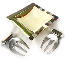 Earth-Tone Fused Glass Salad Serving Bowl with Stainless-Steel Salad Servers