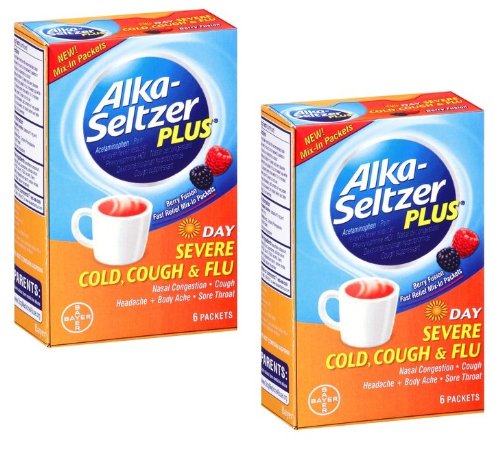 Alka-seltzer Plus DAY Severe Cold Non-drowsy: Nasal Decongestant, Cough & Flu Acetaminophen 650mg Pain Fever Fast Relief Feverberry Fusion Flavored with NEW Mix-in Packets- 2 Pack of 6 Packets (Total 12 Packets)
