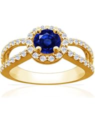 14K Yellow Gold Round Cut Blue Sapphire Ring With Sidestones (GIA Certificate)