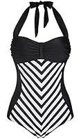 Cocoship Retro Navy White Striped One Piece Monokinis Chevron Lines Swimsuit(FBA)