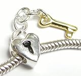 Valentines Gift Sterling Silver Love Heart Gold Lock Key Dangle Bead For Pandora European Story Charm Bracelets