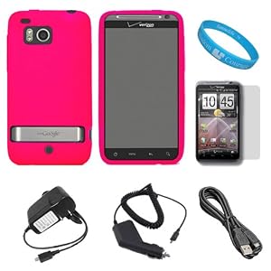 Pink Soft Silicone Protective Skin Cover Case for Verizon Wireless New HTC Thunderbolt 4G / HTC Incredible HD (Model ADR6400) + Clear Screen Protector + Black Rapid Travel Wall Charger with IC Chip + Black Rapid Car Charger with IC Chip + Micro USB Data Cable Cord