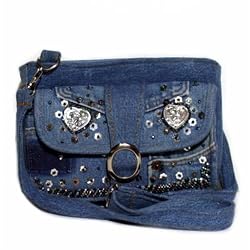 Embroidered Blue Denim Wallet Purse with Shoulder Strap Made from Vintage Denim
