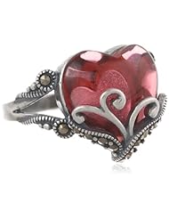 Sterling Silver Oxidized Marcasite and Gemstone Colored Glass Filigree Heart Ring, Size 7