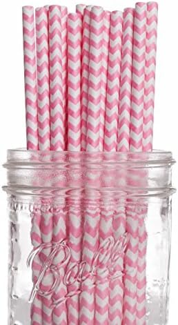 50 PACK: RediGreen Pink Chevron on White Biodegradable Paper Straws